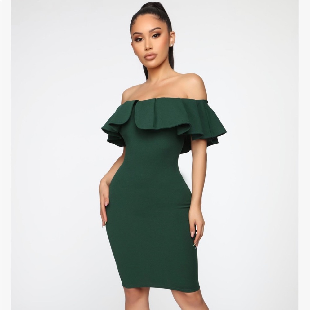 off the shoulder green mini dress